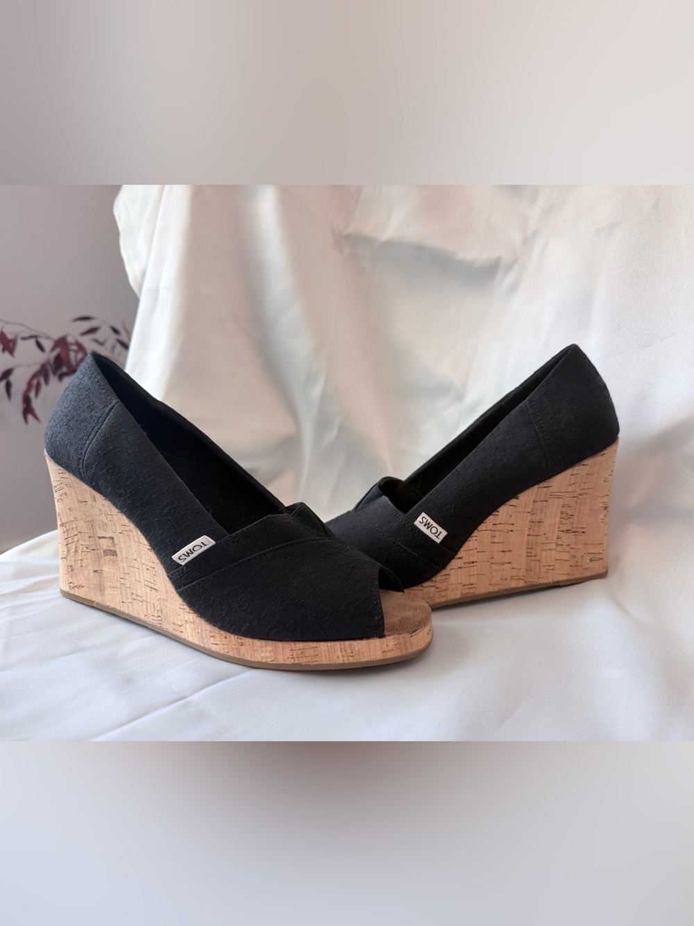 TOMS Black Cork Peep-Toe Wedge Heels,
9 1/2 - Picture 2 of 4